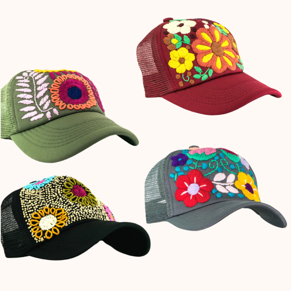 Lumily - Tulum Hand Embroidered Trucker Flower Hat - Mexico: Black Assorted