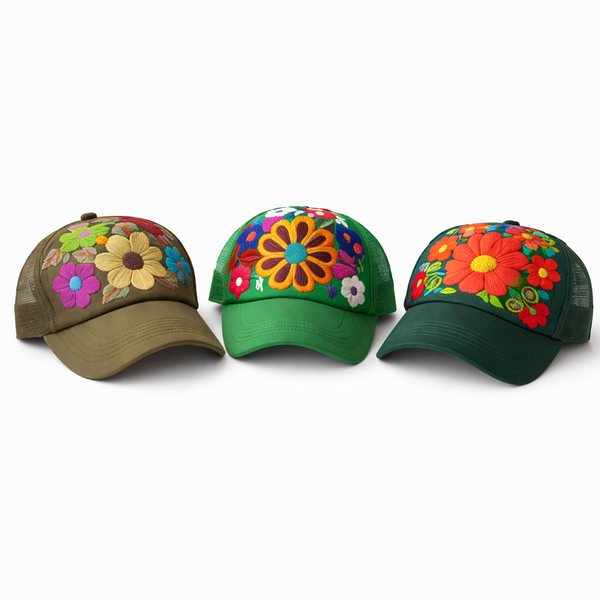 Lumily - Tulum Hand Embroidered Trucker Flower Hat - Mexico: Brown Assorted