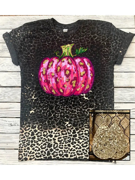 Bleached Pink Leopard Pumpkin Fall Tee