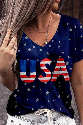 4th of July Independence Day USA Flag V Neck Top
