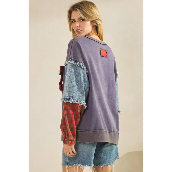 PLAID BOW DENIM SLEEVE PULLOVER