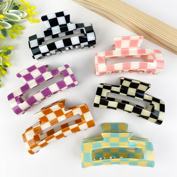 Checkerboard retro hair claw clip: Purple white