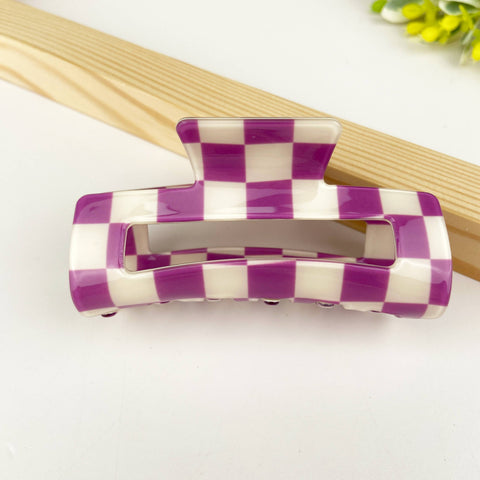 Checkerboard retro hair claw clip: Purple white