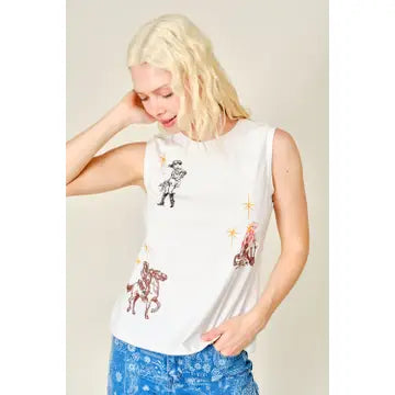 Off White Western Motif Embroidered Sleeveless Top