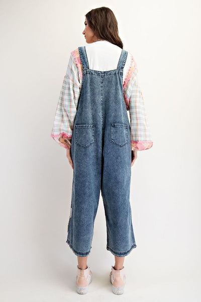 FLOWER PATCH WASHED DENIM OVERALLS