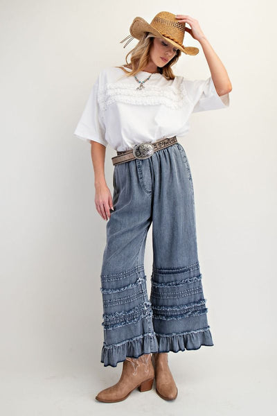 SELF FRAY WASHED CHAMBRAY PANTS 2 COLORS