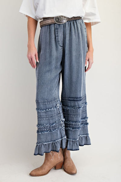 SELF FRAY WASHED CHAMBRAY PANTS 2 COLORS