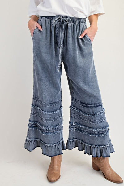 SELF FRAY WASHED CHAMBRAY PANTS 2 COLORS