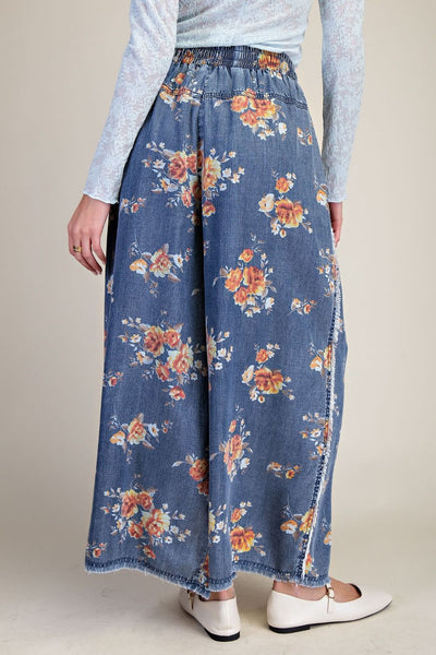 FLORAL PRINT WASHED CHAMBRAY PANTS