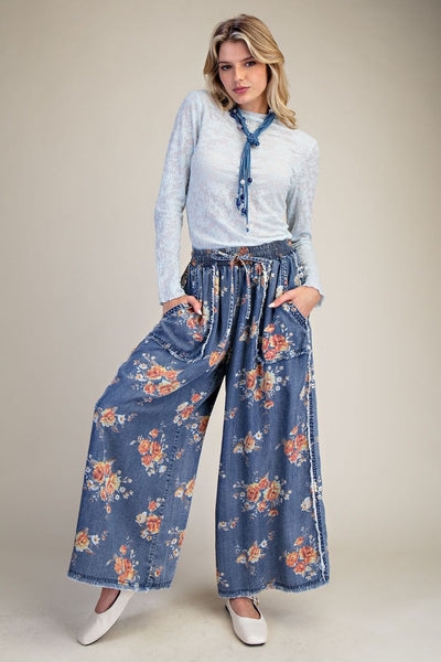 FLORAL PRINT WASHED CHAMBRAY PANTS