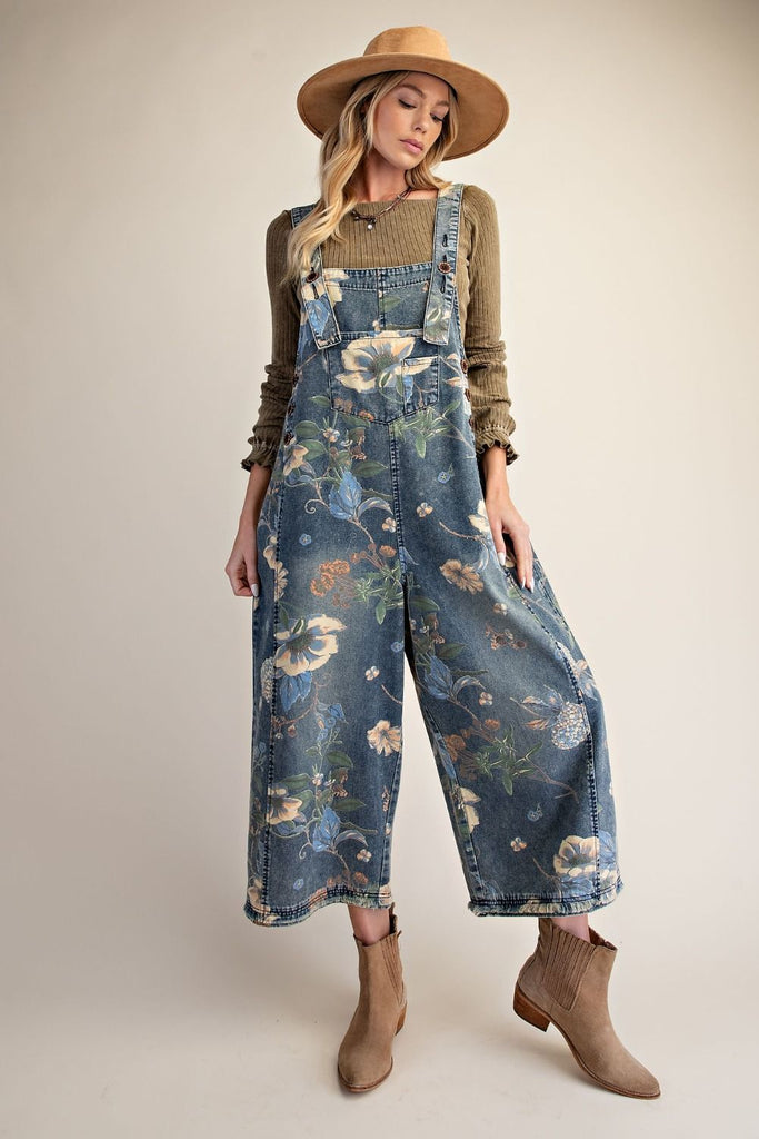 FLOWER PRINTED WASHED DENIM OVERALLS