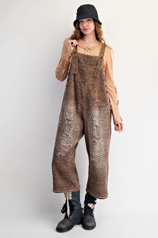 ANIMAL PRINTED WASHED DEINIM OVERALLS