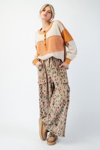 ETHNIC PRINTED MINERAL WASHED CARGO PANTS