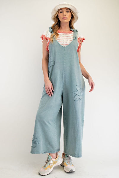 FLOWER PATCH MINERAL WASHED TERRY KNIT JUMPSUIT (3 COLORS)