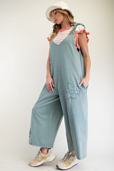 FLOWER PATCH MINERAL WASHED TERRY KNIT JUMPSUIT (3 COLORS)