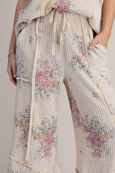 FLORAL PRINT WASHED WAFFLE PANTS