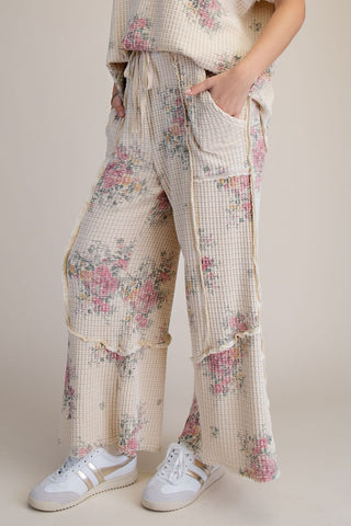 FLORAL PRINT WASHED WAFFLE PANTS