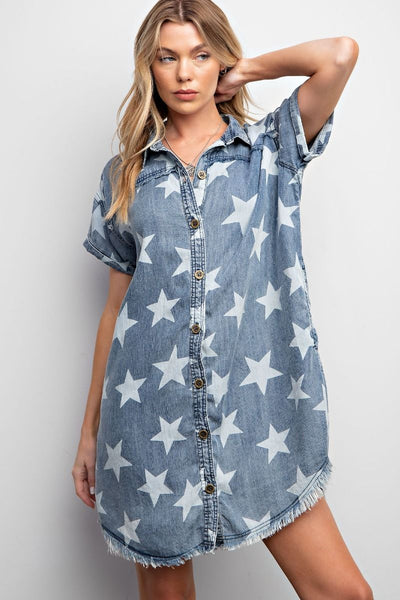 STAR PRINTED WASHED SHIRT TUNIC DRESS