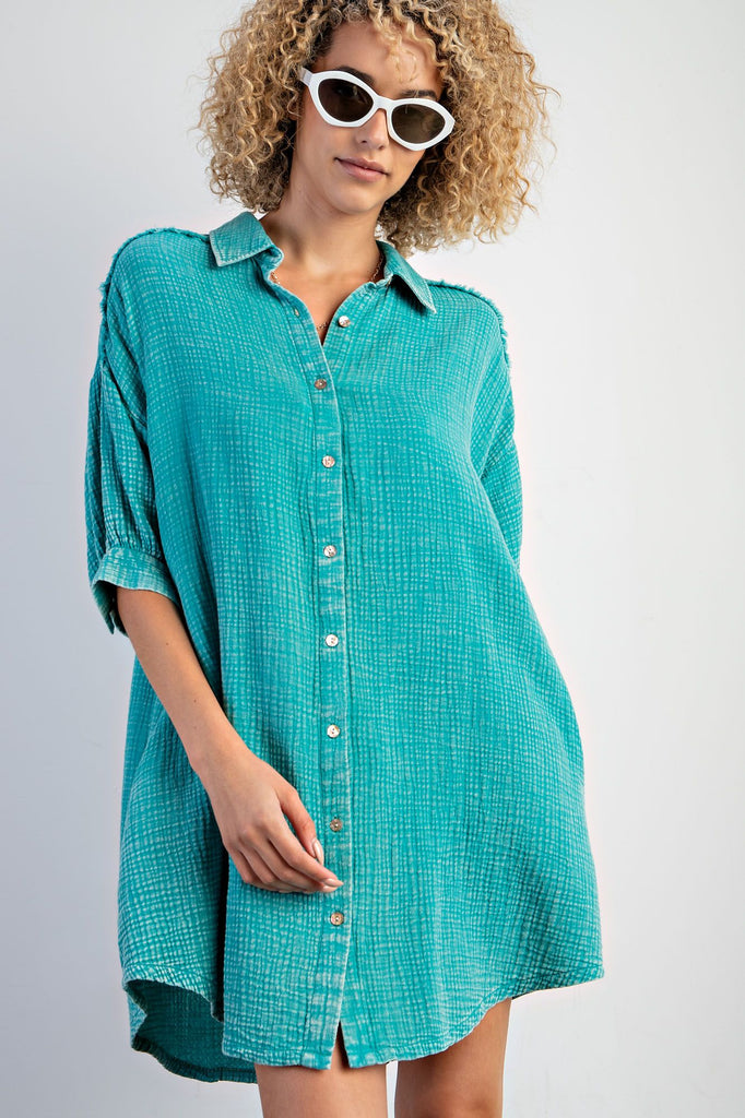 gauze shirt dress MINERAL WASHED COTTON GAUZE BUTTON DOWN SHIRT DRESS