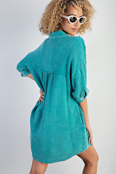 MINERAL WASHED COTTON GAUZE BUTTON DOWN SHIRT DRESS