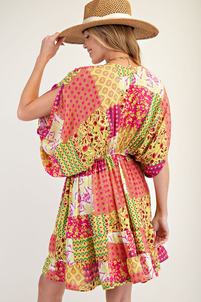 PATCHWORK PRINTED RAYON GAUZE DRESS