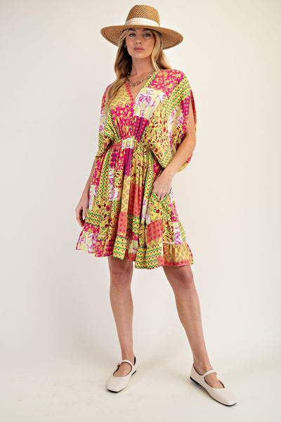 PATCHWORK PRINTED RAYON GAUZE DRESS