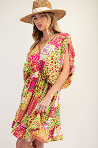 PATCHWORK PRINTED RAYON GAUZE DRESS