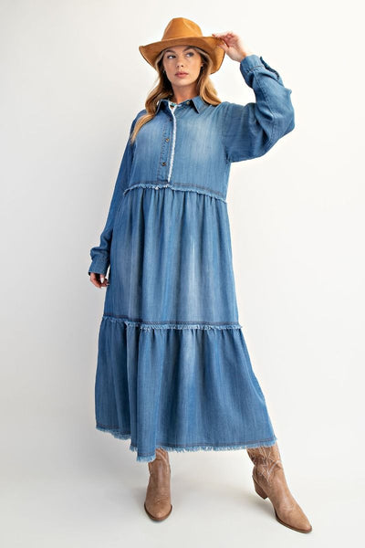 BUTTON FRONT WASHED DENIM LONG DRESS
