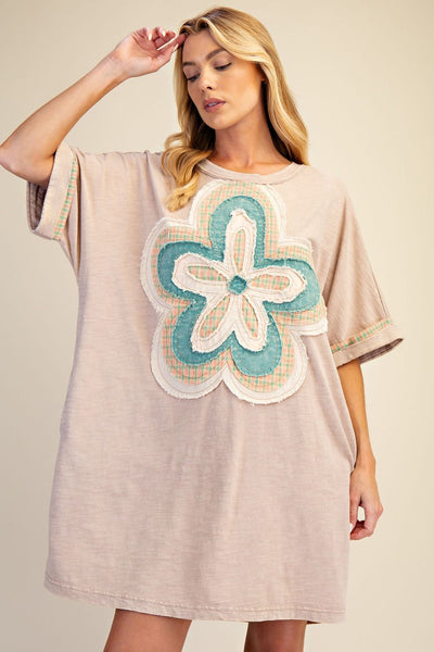 FLORAL PATCH FRONT WASHED COTTON DRESS