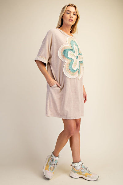 FLORAL PATCH FRONT WASHED COTTON DRESS