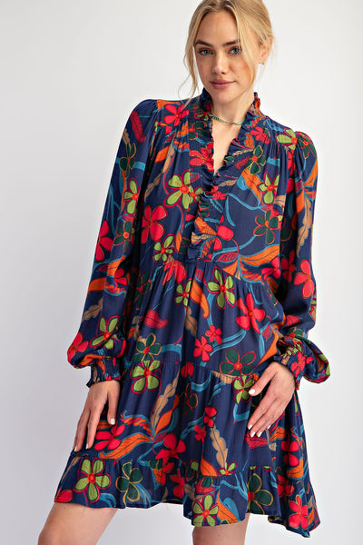 FLORAL PRINTED RAYON GAUZE TIERED DRESS