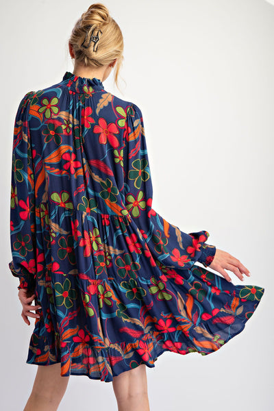 FLORAL PRINTED RAYON GAUZE TIERED DRESS