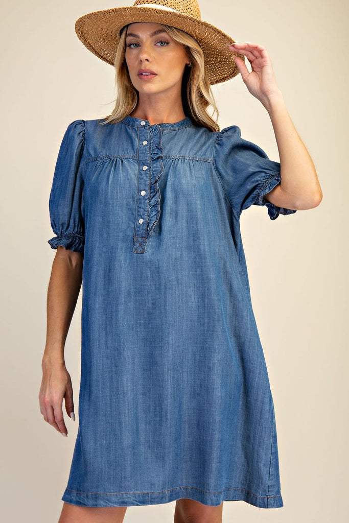 BUTTON FRONT WASHED DENIM DRESS