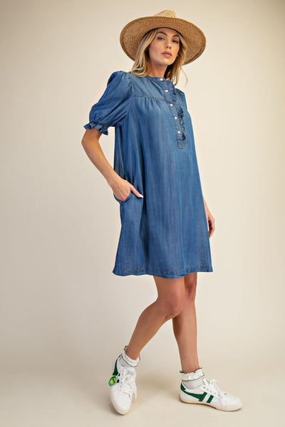BUTTON FRONT WASHED DENIM DRESS