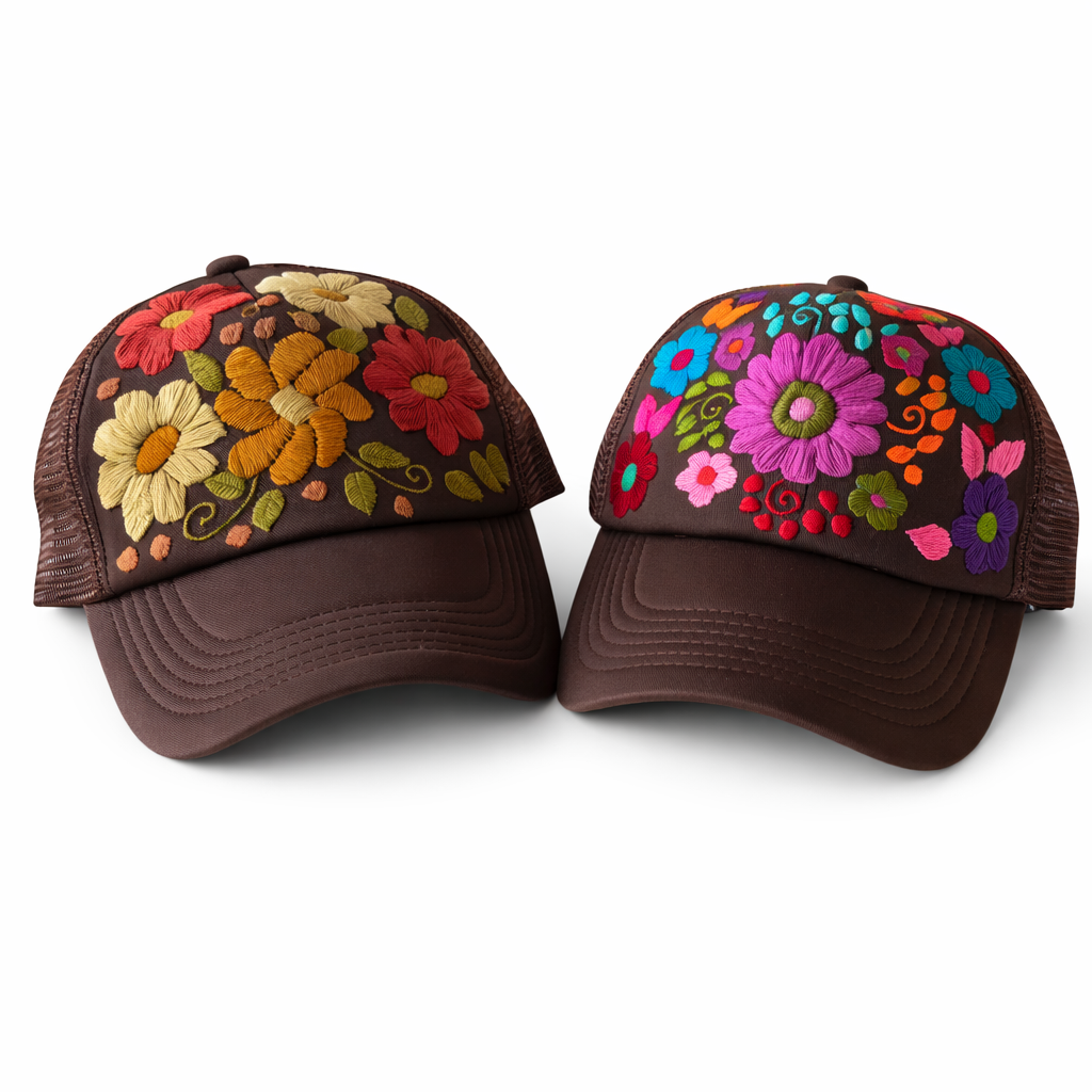 Lumily - Tulum Hand Embroidered Trucker Flower Hat - Mexico: Brown Assorted