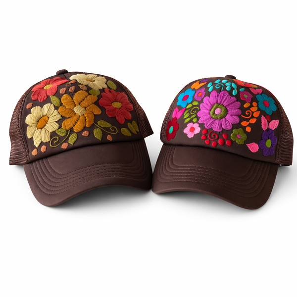 Lumily - Tulum Hand Embroidered Trucker Flower Hat - Mexico: Brown Assorted
