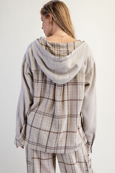 PLAID WASHED COTTON GAUZE PULLOVER HOODIE