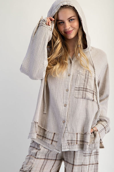 PLAID WASHED COTTON GAUZE PULLOVER HOODIE