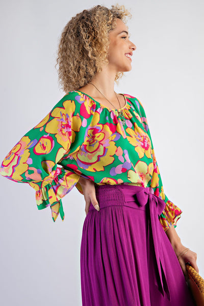 FLORAL PRINTED MIRABELLE SATIN BLOUSE