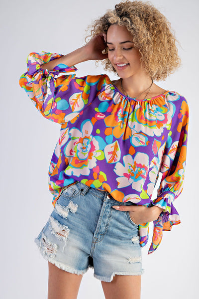 FLORAL PRINTED MIRABELLE SATIN BLOUSE
