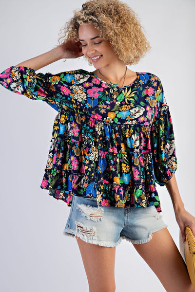 TROPICAL PRINT WOOL PEACH RUFFLED BABYDOLL TOP