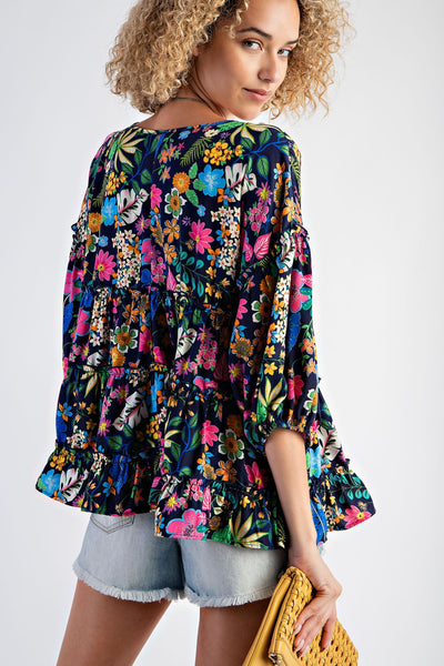 TROPICAL PRINT WOOL PEACH RUFFLED BABYDOLL TOP