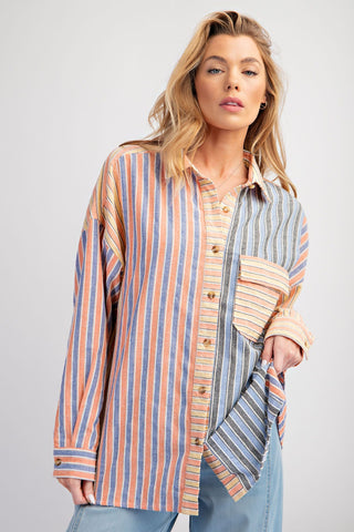 TEXTURED STRIPED WASHED COLOR MIX BUTTON DOWN