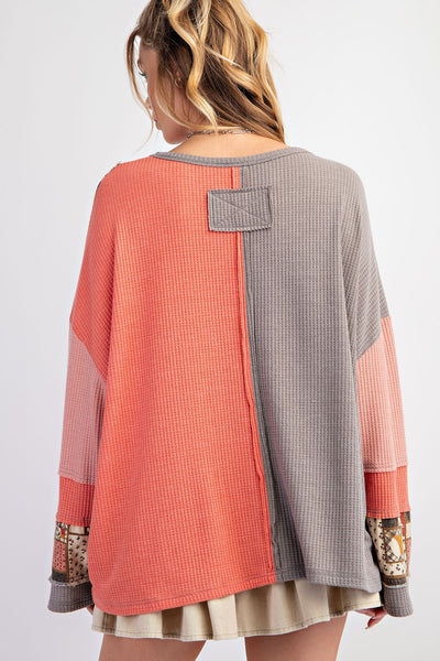 COLOR BLOCK THERMAL MINERAL WASHED PULLOVER