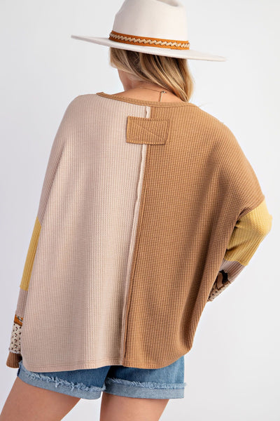 COLOR BLOCK THERMAL MINERAL WASHED PULLOVER