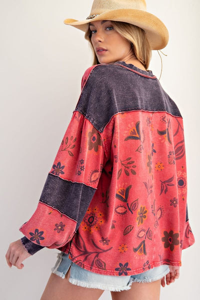 FLORAL PRINT WASHED TERRY HENLEY TOP
