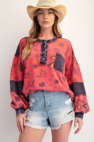 FLORAL PRINT WASHED TERRY HENLEY TOP