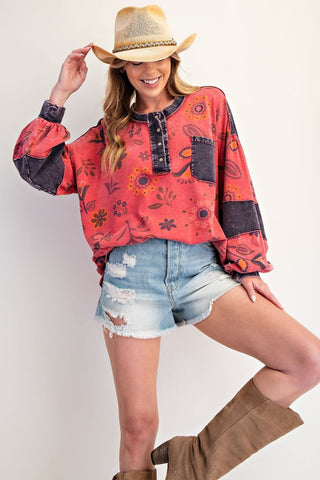 FLORAL PRINT WASHED TERRY HENLEY TOP