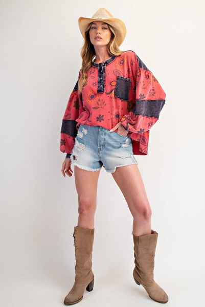 FLORAL PRINT WASHED TERRY HENLEY TOP