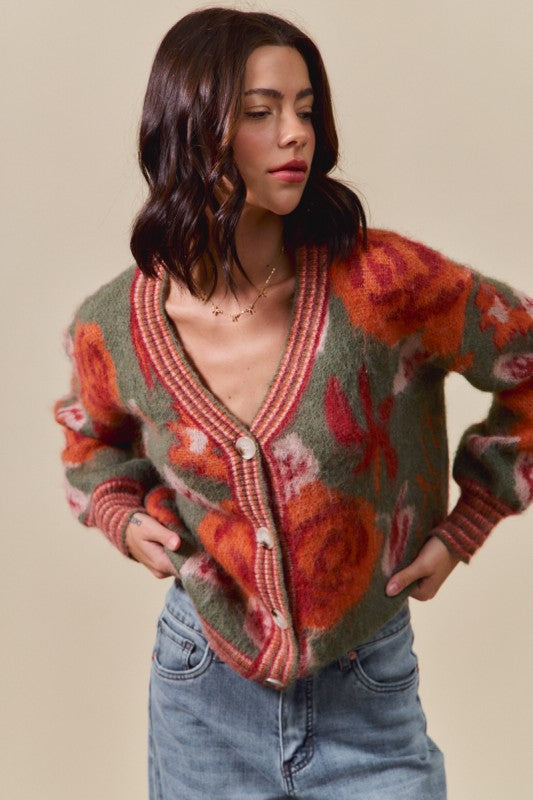 Vintage Floral Pattern Button Sweater Cardigan